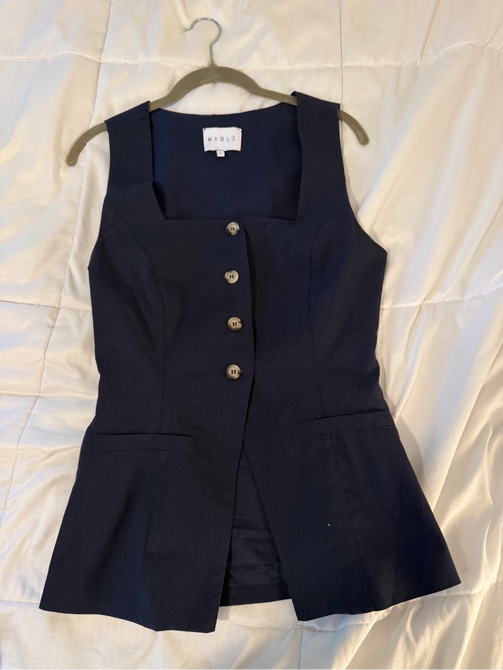 MARBLE Navy Sleeveless Button-Front Tailored Top